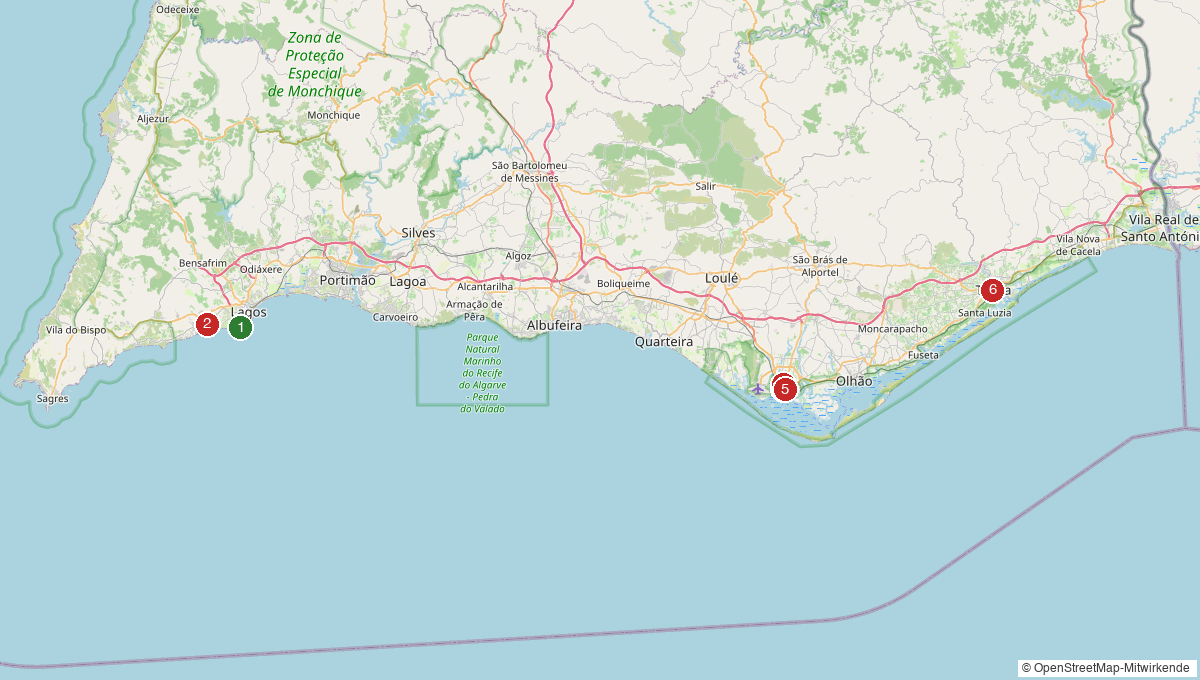 Map of vegan restaurants and hotels along the Algarve