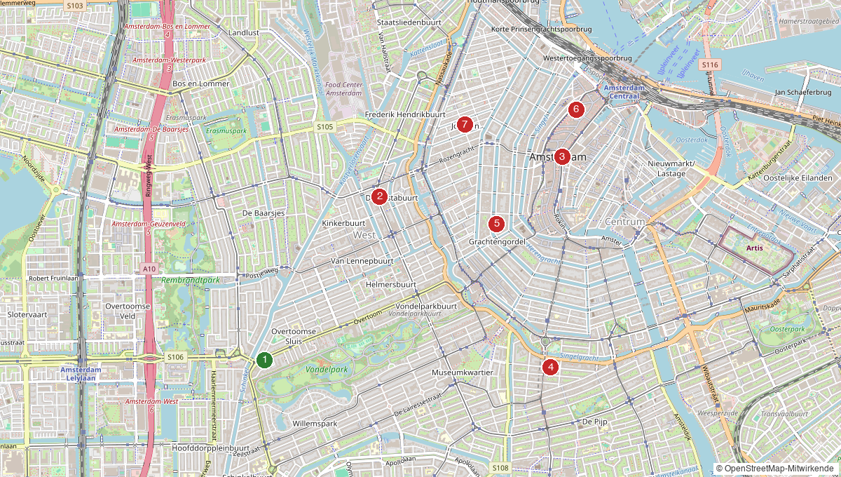 Karte mit veganen Restaurants, Cafés und Hotels in Amsterdam