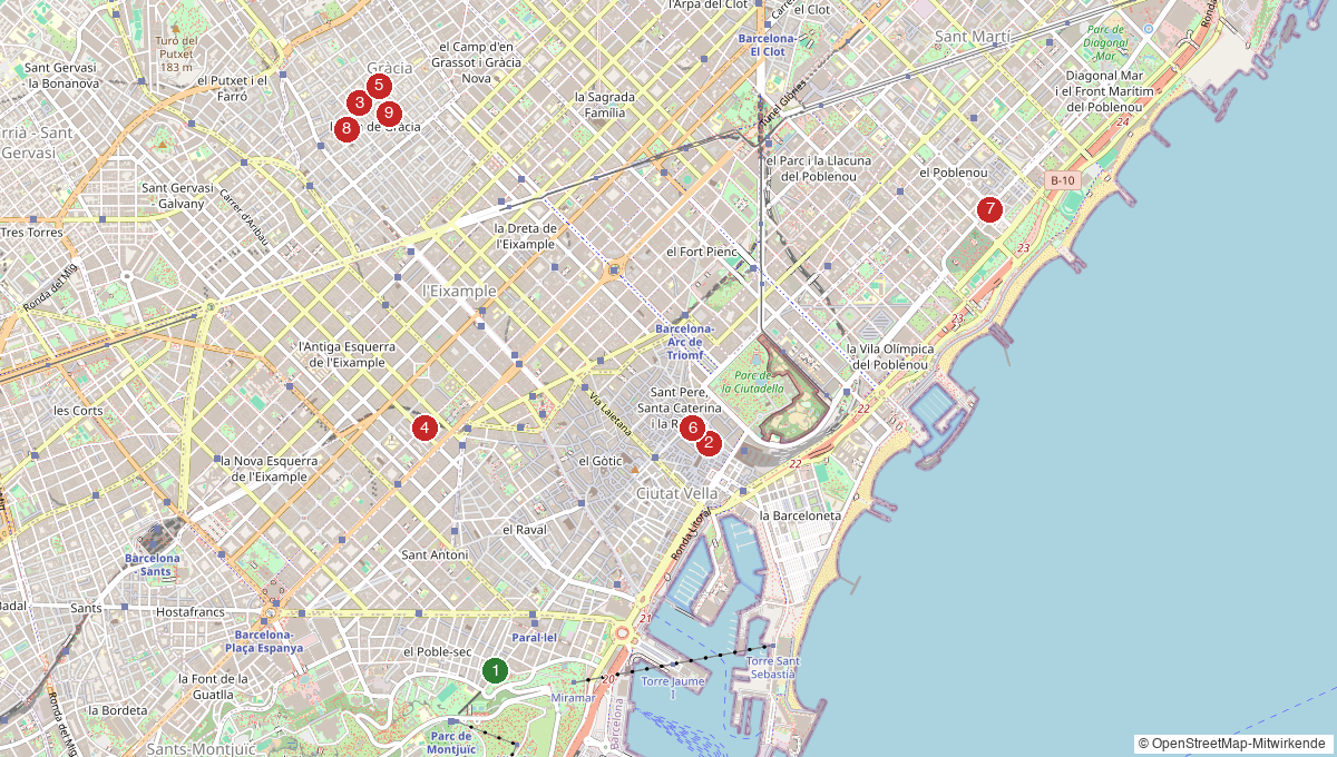 Map of vegan restaurants, tapas bars and hotels in Barcelona