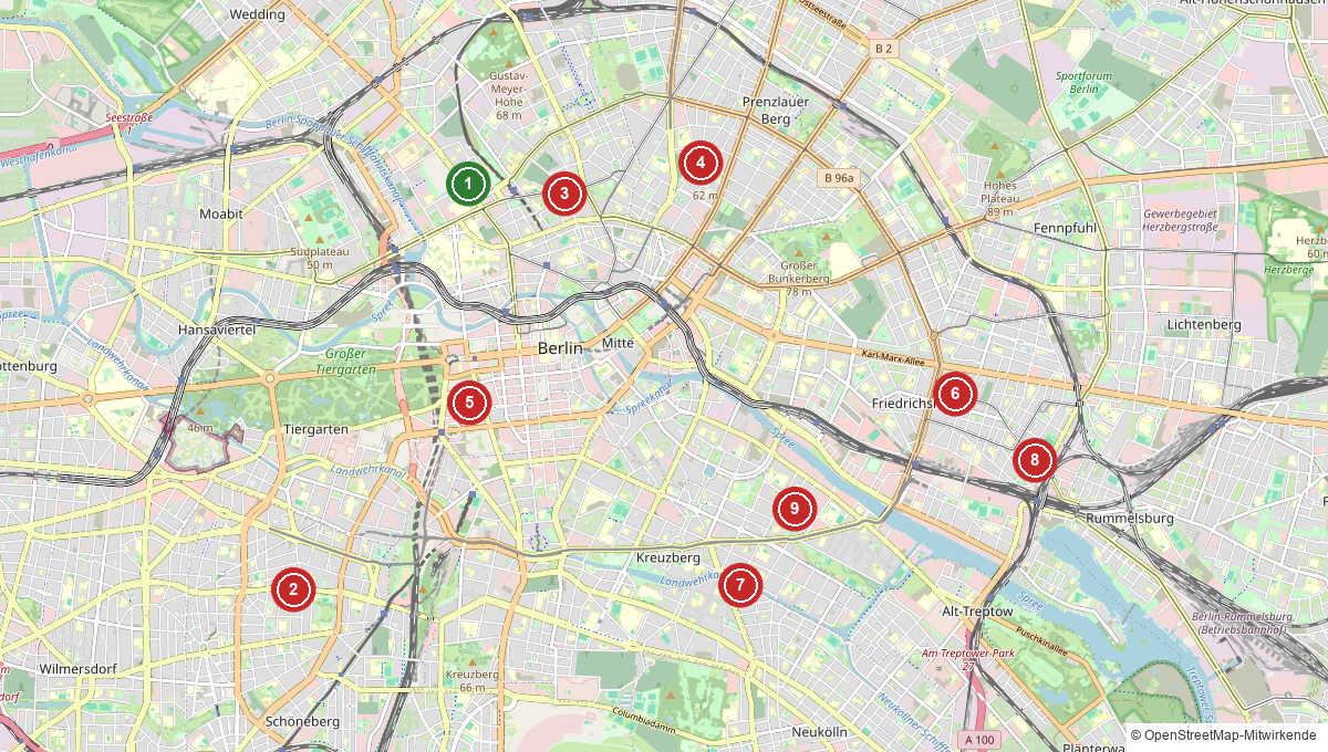Karte mit veganen Restaurants, Cafés und Hotels in Berlin