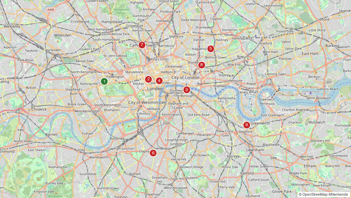 Karte mit veganen Restaurants, Cafés und Hotels in London