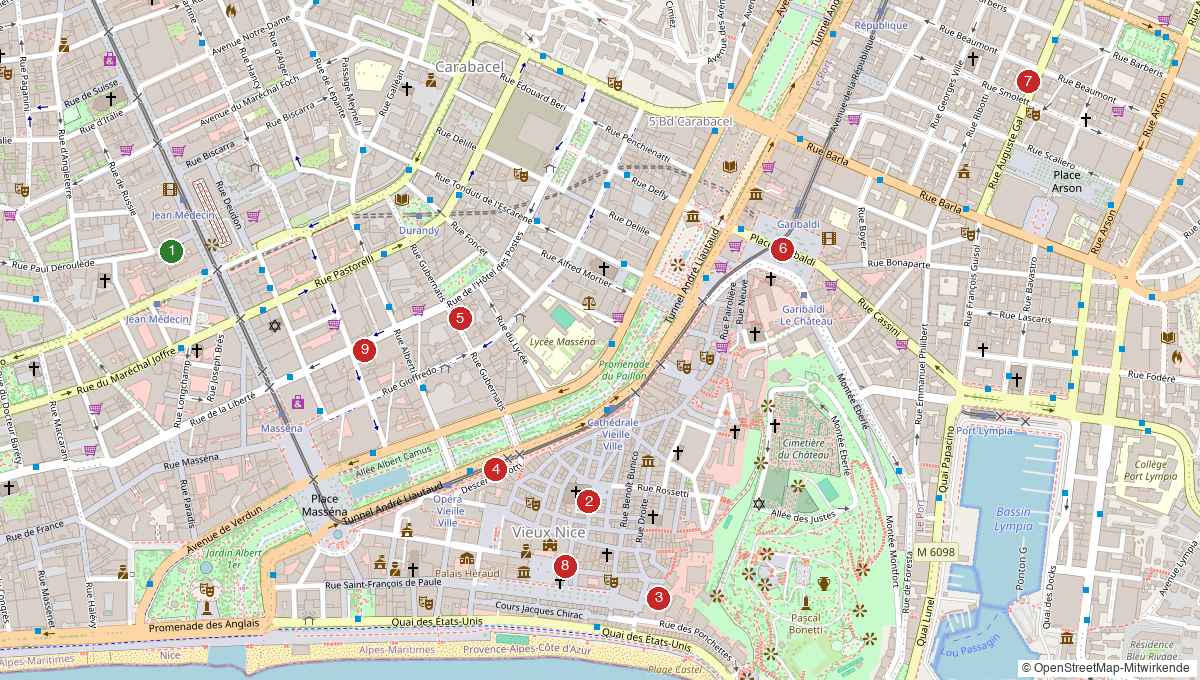 Map of vegan restaurants, cafés and hotels in Nice