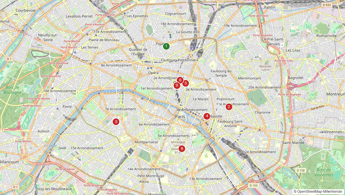 Karte mit veganen Restaurants, Cafés und Hotels in Paris