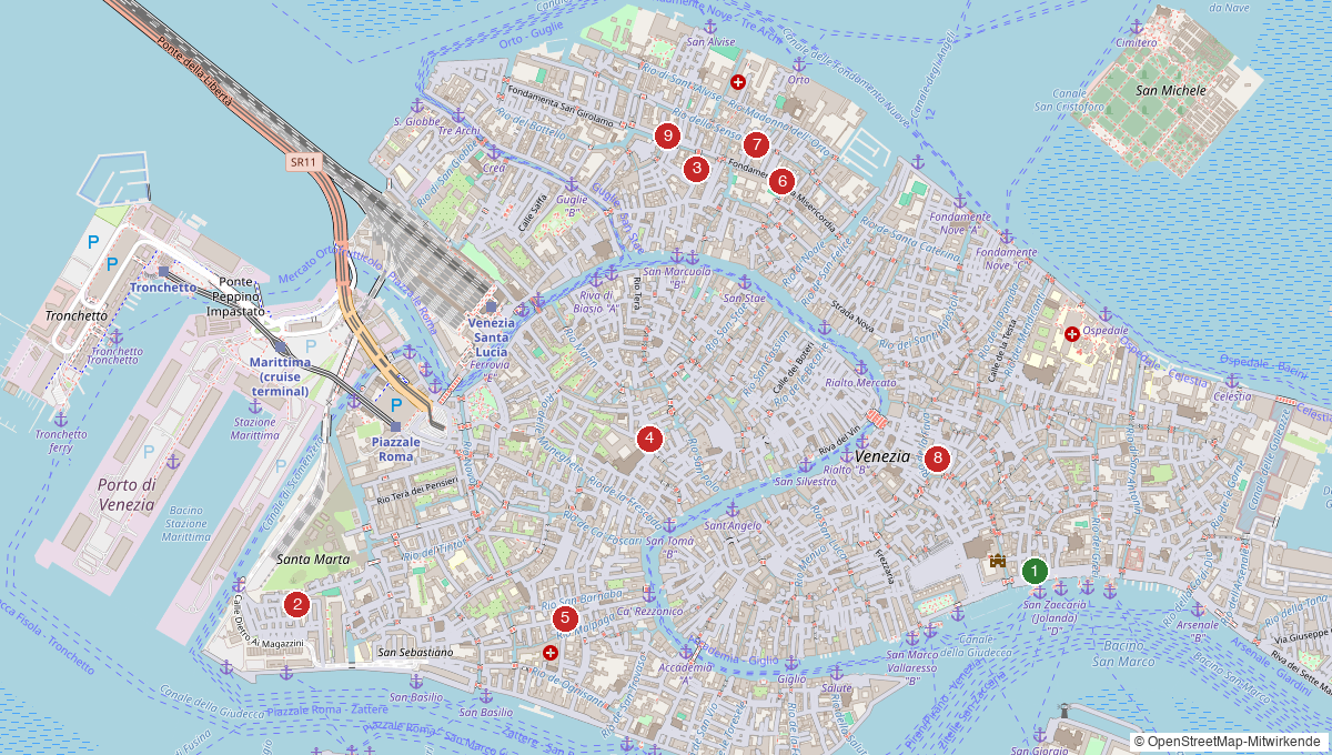 Map of vegan restaurants, cafés and hotels in Venice