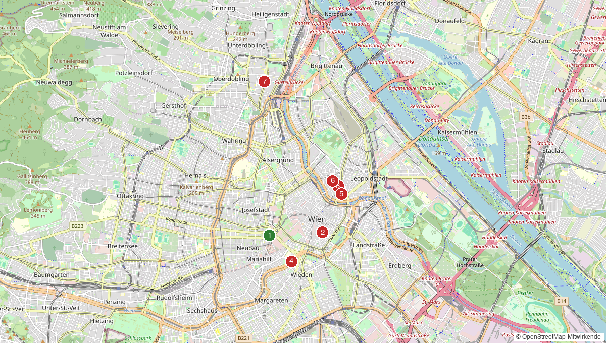 Karte mit veganen Restaurants, Kaffeehäusern und Hotels in Wien