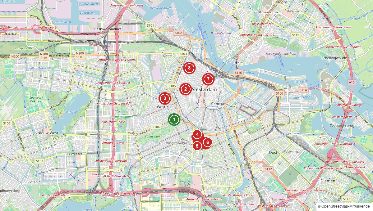 Map of vegan restaurants, cafés and hotels in Amsterdam