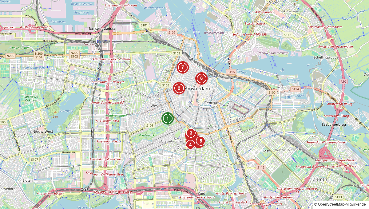 Karte mit veganen Restaurants, Cafés und Hotels in Amsterdam