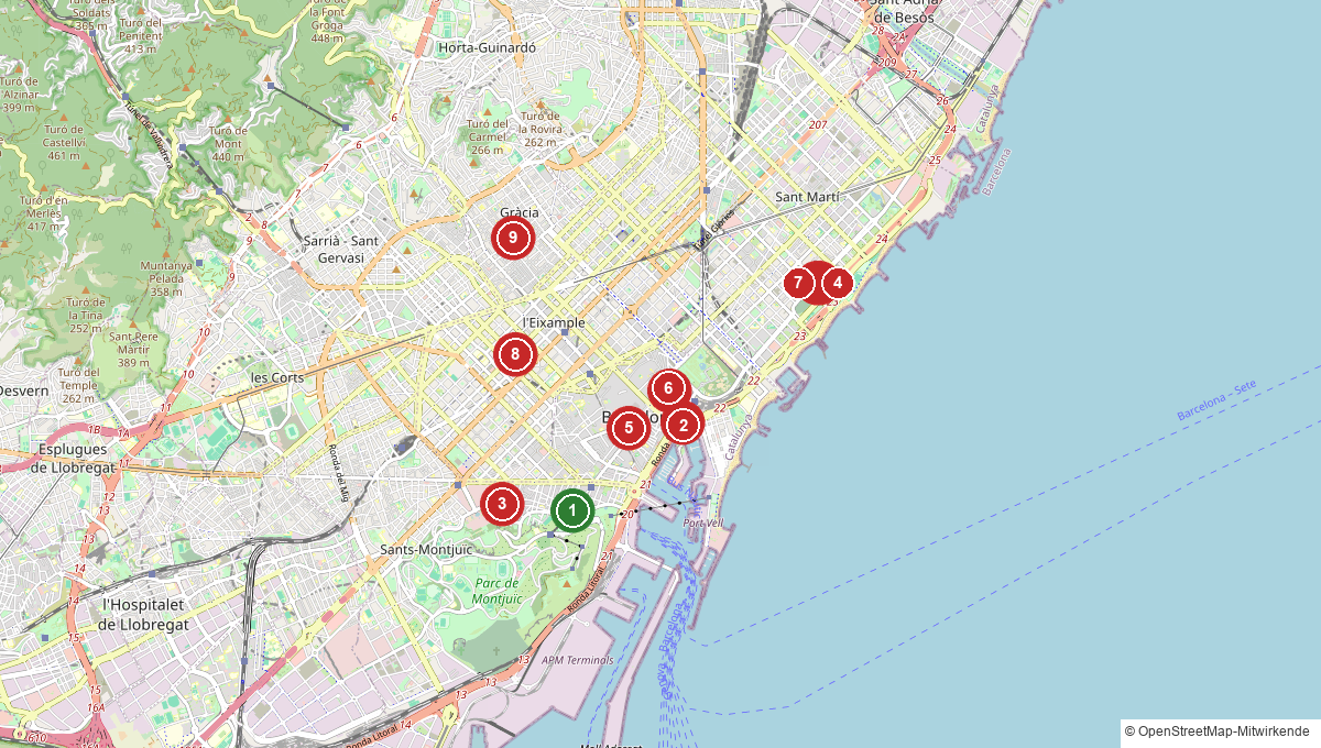 Karte mit veganen Restaurants, Tapas-Bars und Hotels in Barcelona