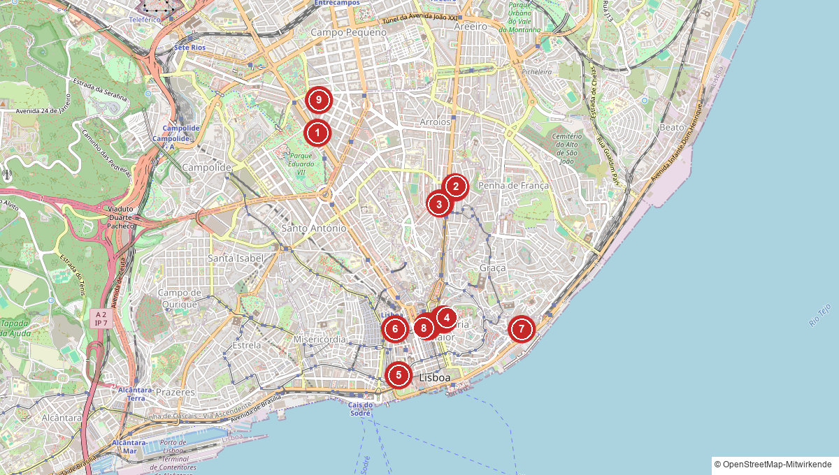 Karte mit veganen Restaurants und Cafés in Lissabon