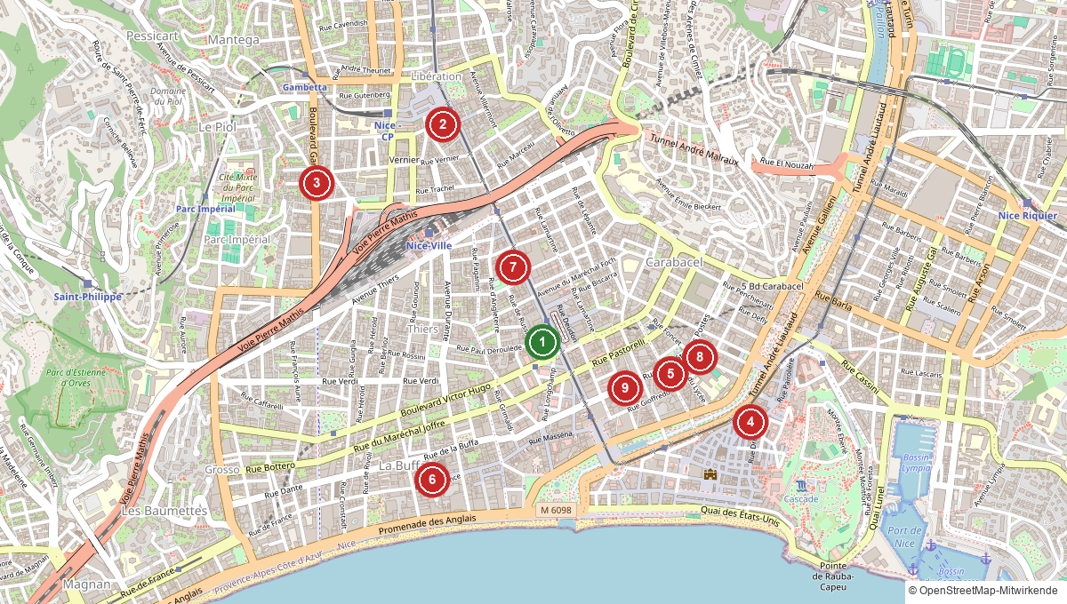 Karte mit veganen Restaurants, Cafés und Hotels in Nizza