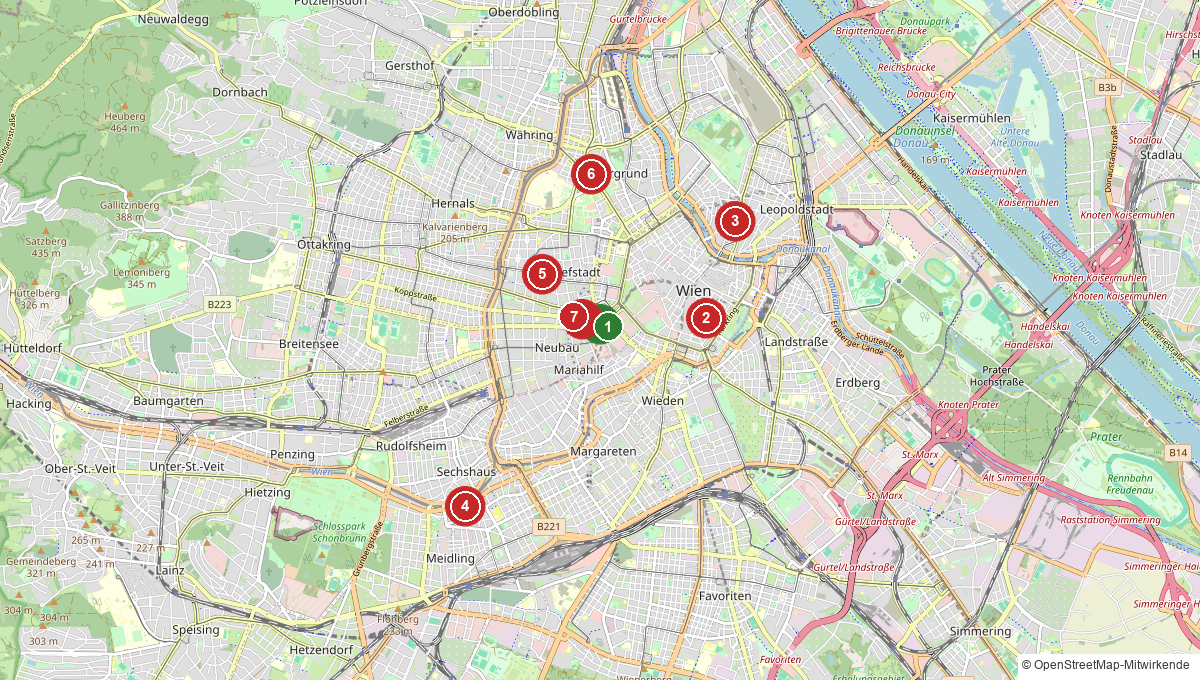 Karte mit veganen Restaurants, Kaffeehäusern und Hotels in Wien